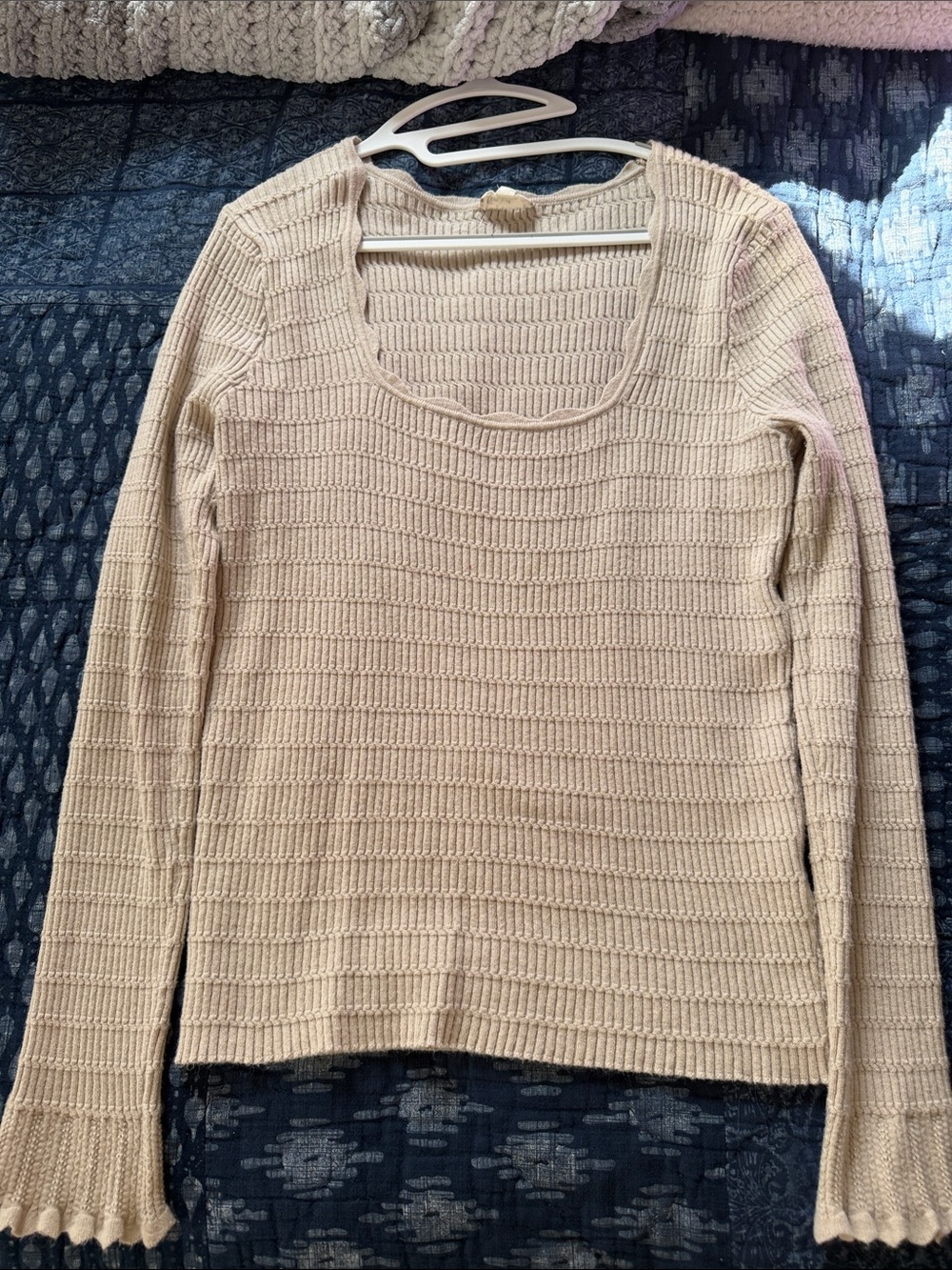 Hem & Thread Beige Scoop Neck Ribbed Knit Sweater